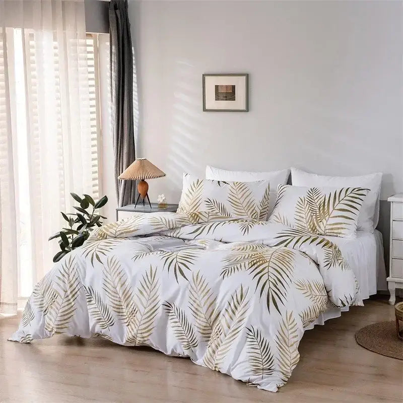 Tropical gold & green palm duvet set bedroom bedding solution
