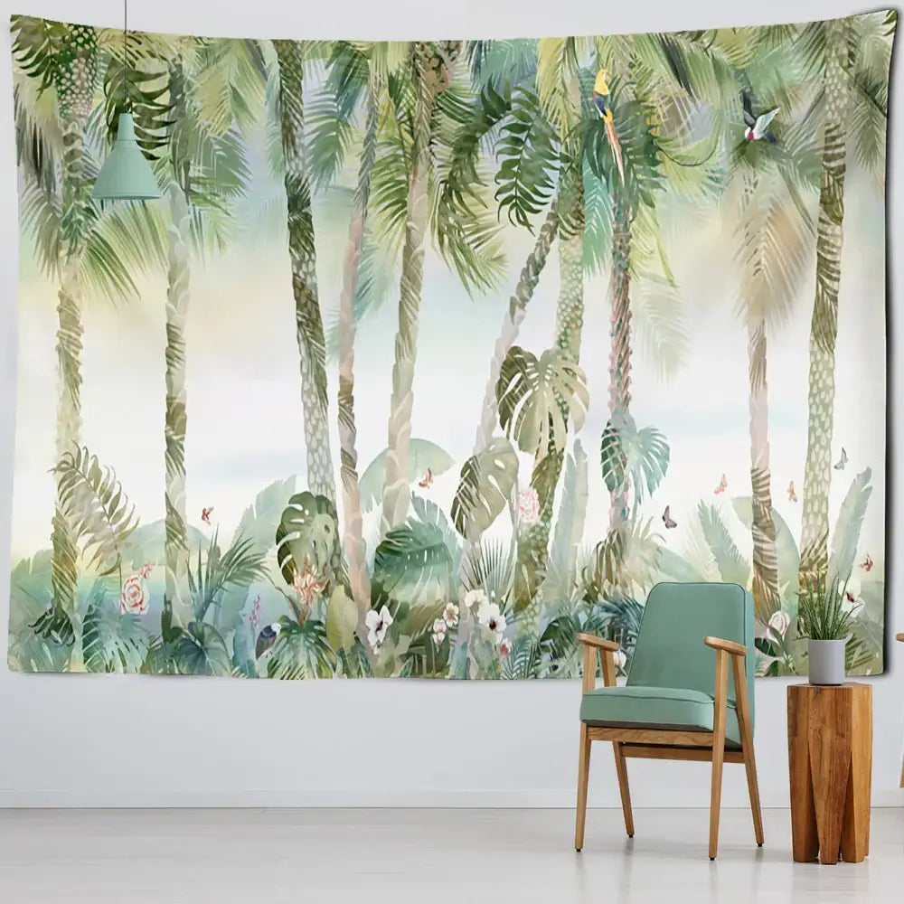 Tropical green & brown banana leaf tapestry wall hanging bedroom decor