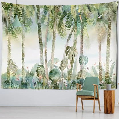 Tropical green & brown banana leaf tapestry wall hanging bedroom decor