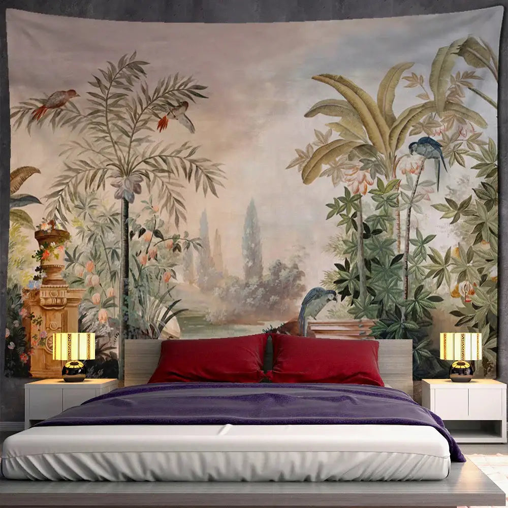 Tropical green & brown banana leaf tapestry wall hanging bedroom decor