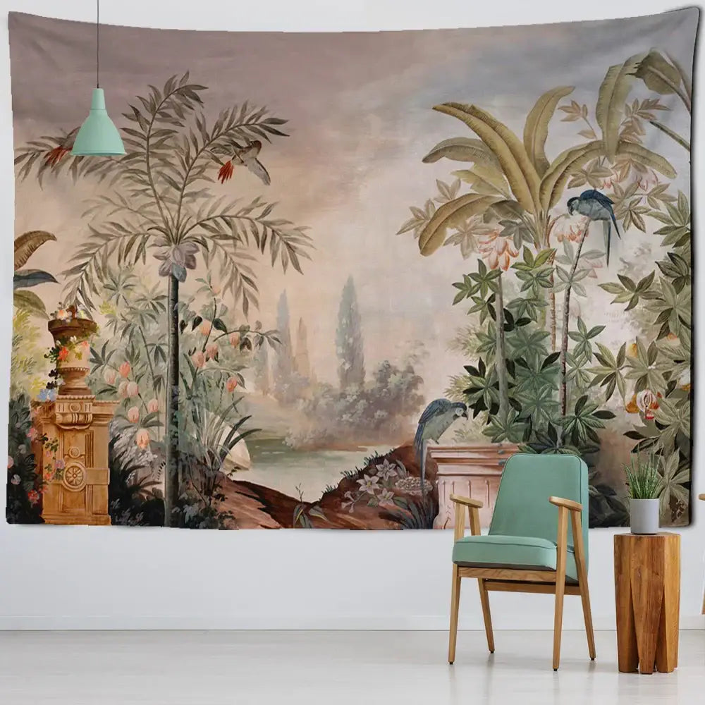 Tropical green & brown banana leaf tapestry wall hanging bedroom decor