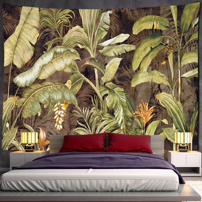 Tropical green & brown banana leaf tapestry wall hanging bedroom decor