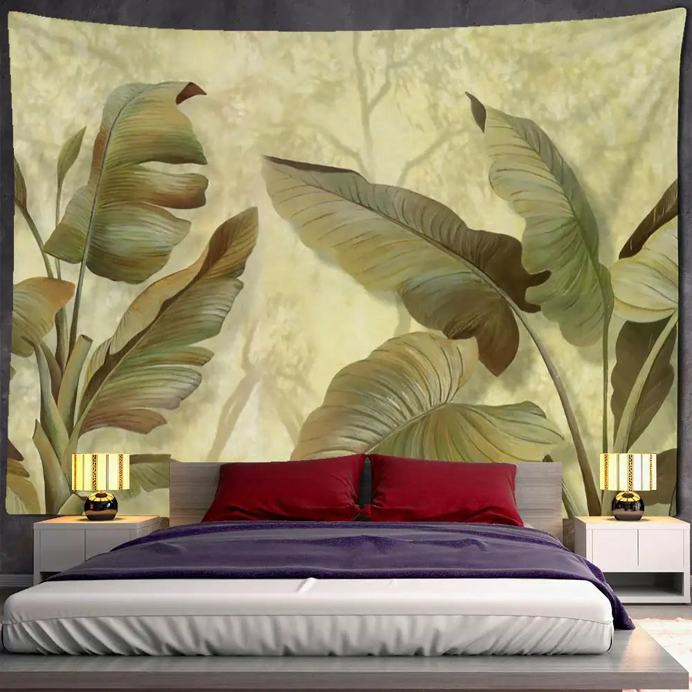 Tropical green & brown banana leaf tapestry wall hanging bedroom decor