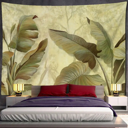 Tropical green & brown banana leaf tapestry wall hanging bedroom decor