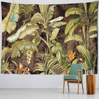 Tropical green & brown banana leaf tapestry wall hanging bedroom decor