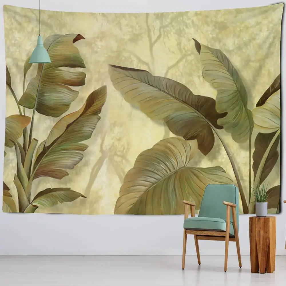 Tropical green & brown banana leaf tapestry wall hanging bedroom decor