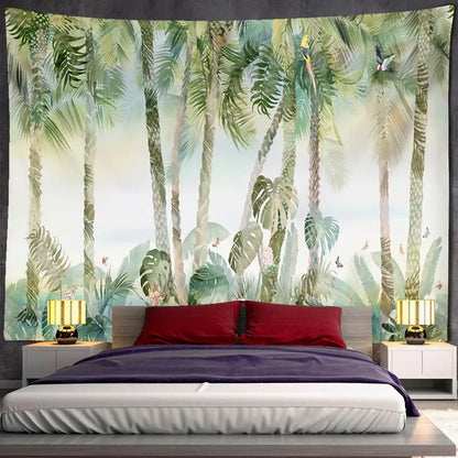 Tropical green & brown banana leaf tapestry wall hanging bedroom decor