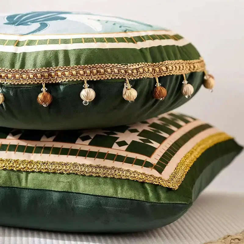 Tropical green ethnic print tassel cushion cover living room pillow