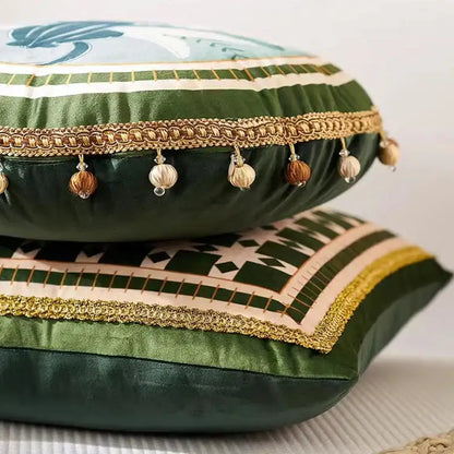 Tropical green ethnic print tassel cushion cover living room pillow