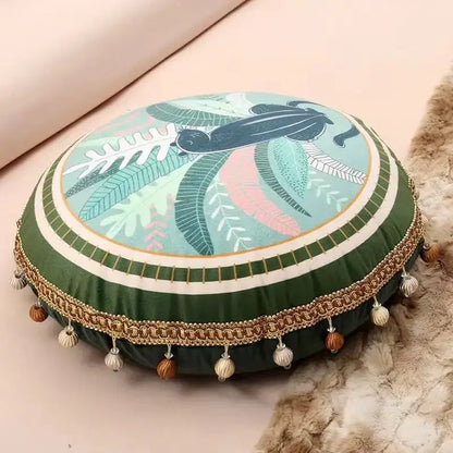Tropical green ethnic print tassel cushion cover living room pillow