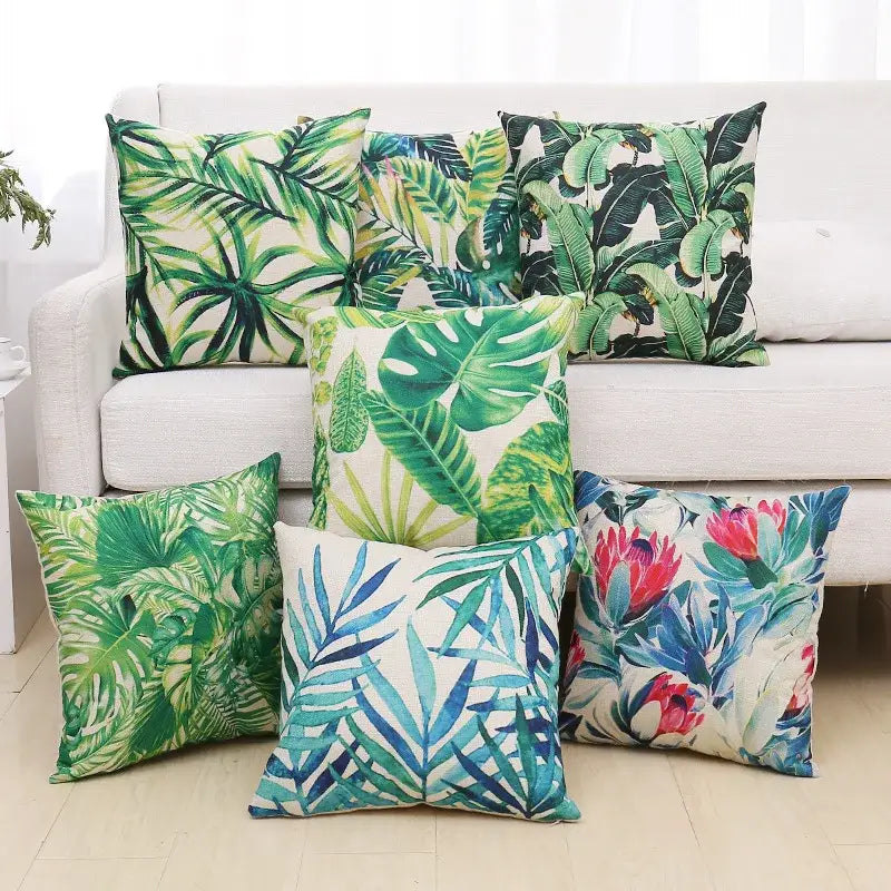 Tropical green plant leaves linen cushion cover living room pillow