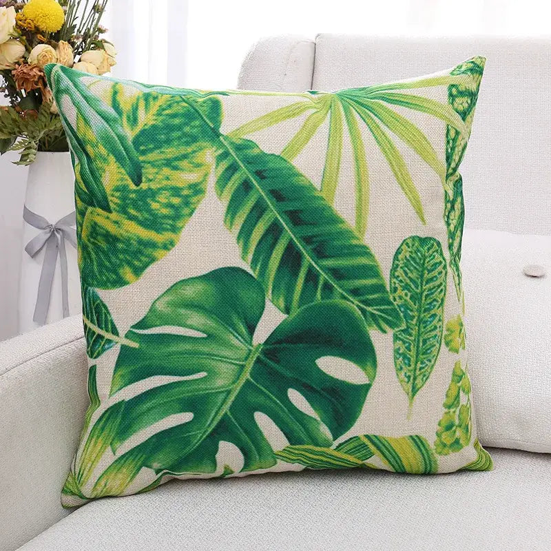 Tropical green plant leaves linen cushion cover living room pillow