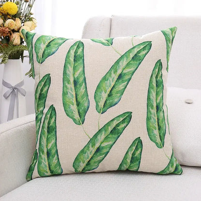 Tropical green plant leaves linen cushion cover living room pillow