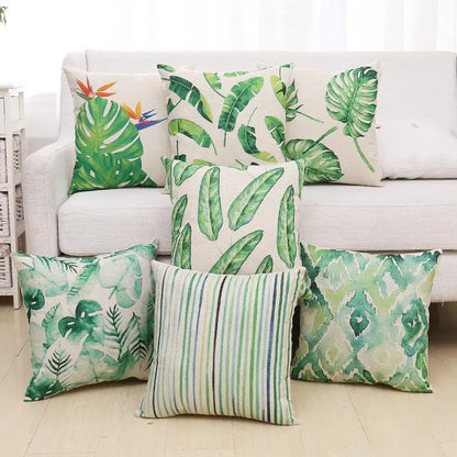 Tropical green plant leaves linen cushion cover living room pillow