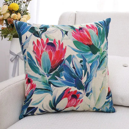 Tropical green plant leaves linen cushion cover living room pillow