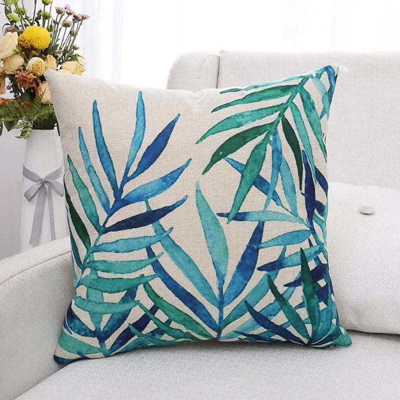 Tropical green plant leaves linen cushion cover living room pillow
