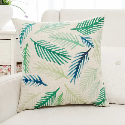 Tropical green plant leaves linen cushion cover living room pillow
