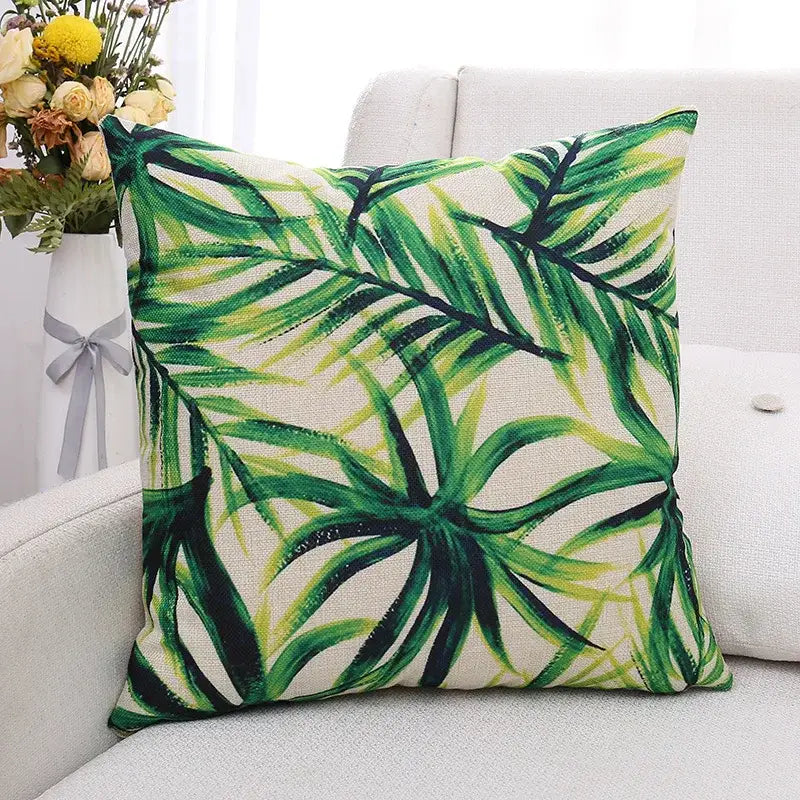 Tropical green plant leaves linen cushion cover living room pillow