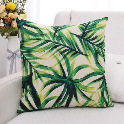 Tropical green plant leaves linen cushion cover living room pillow