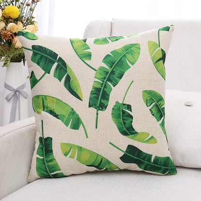 Tropical green plant leaves linen cushion cover living room pillow