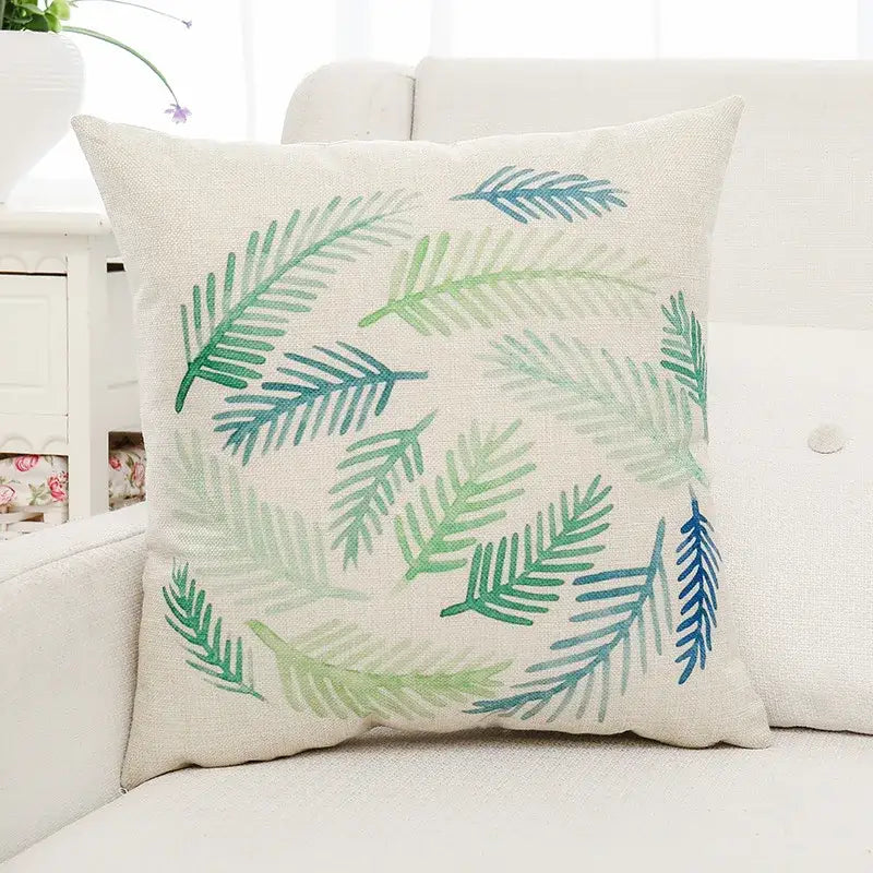 Tropical green plant leaves linen cushion cover living room pillow