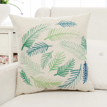 Tropical green plant leaves linen cushion cover living room pillow