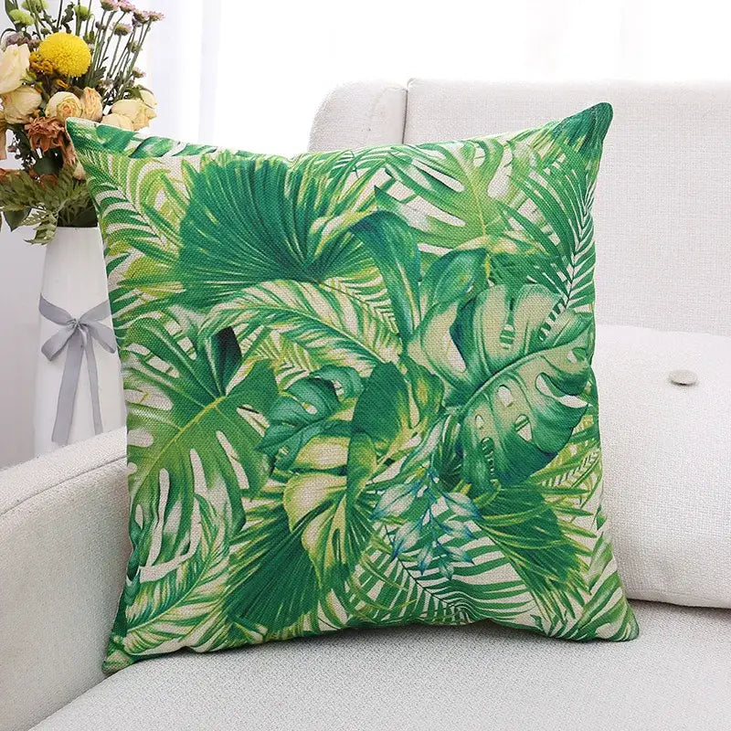 Tropical green plant leaves linen cushion cover living room pillow