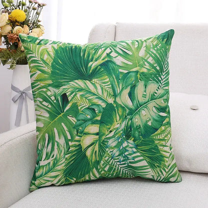 Tropical green plant leaves linen cushion cover living room pillow