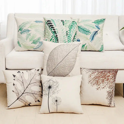 Tropical green plant leaves linen cushion cover living room pillow