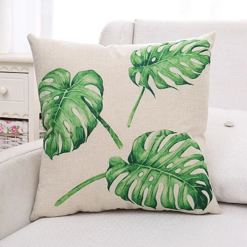 Tropical green plant leaves linen cushion cover living room pillow