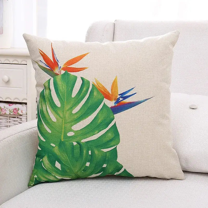 Tropical green plant leaves linen cushion cover living room pillow
