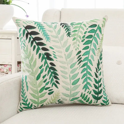 Tropical green plant leaves linen cushion cover living room pillow