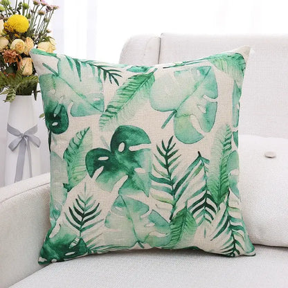 Tropical green plant leaves linen cushion cover living room pillow