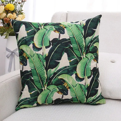 Tropical green plant leaves linen cushion cover living room pillow