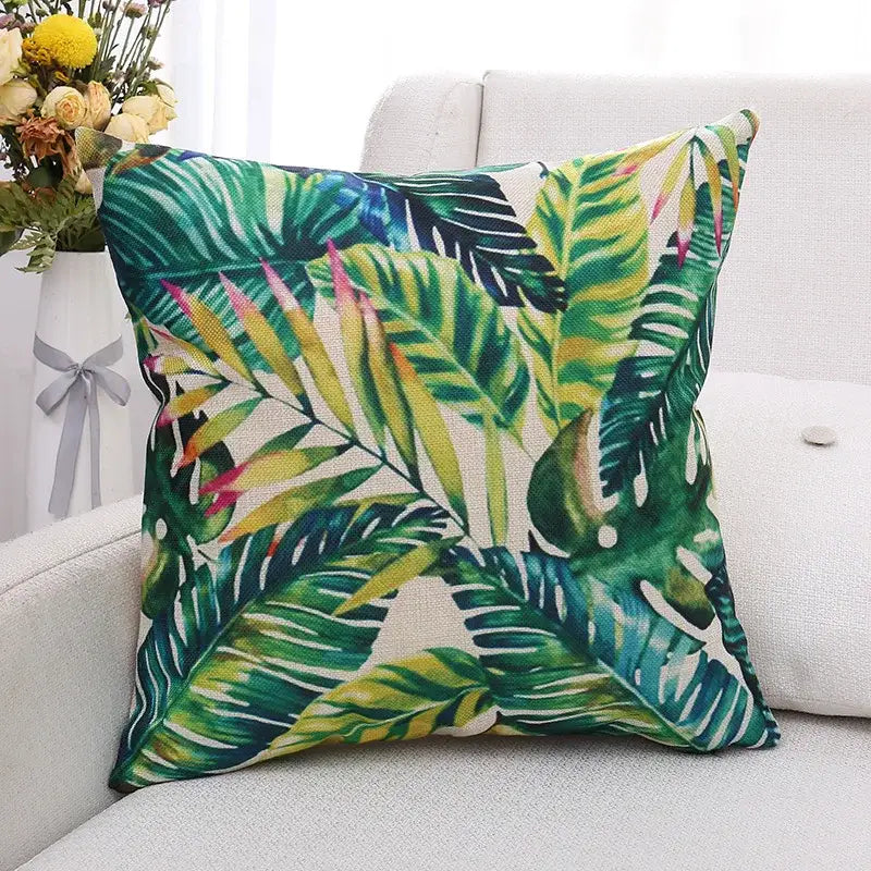 Tropical green plant leaves linen cushion cover living room pillow