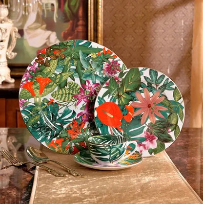 Tropical green & yellow leaf collection porcelain tea set dining room
