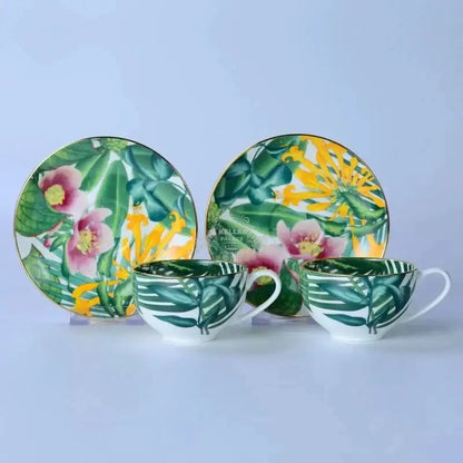 Tropical green & yellow leaf collection porcelain tea set dining room