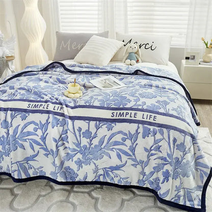 Tropical leaf light blue cozy flannel blanket bedroom throw
