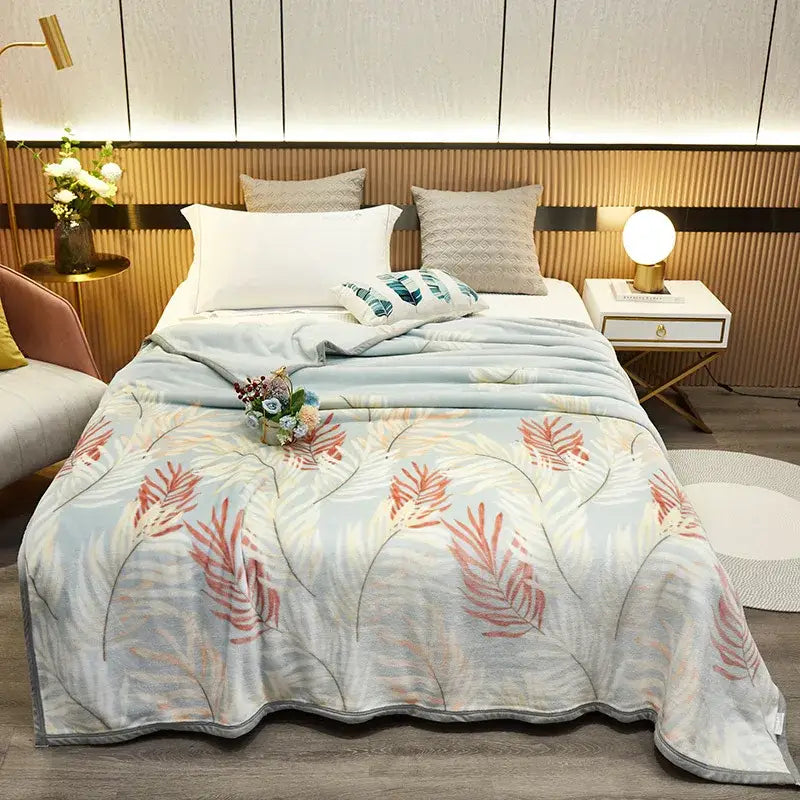 Tropical leaf light blue cozy flannel blanket bedroom throw
