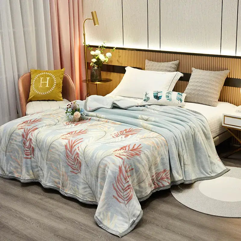 Tropical leaf light blue cozy flannel blanket bedroom throw