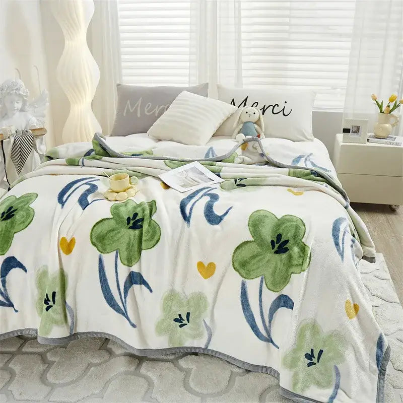 Tropical leaf light blue cozy flannel blanket bedroom throw