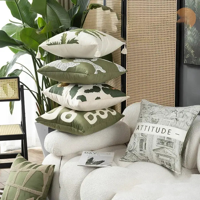 Tropical olive & cream embroidered patchwork cushion cover living room