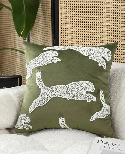 Tropical olive & cream embroidered patchwork cushion cover living room