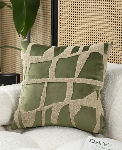 Tropical olive & cream embroidered patchwork cushion cover living room