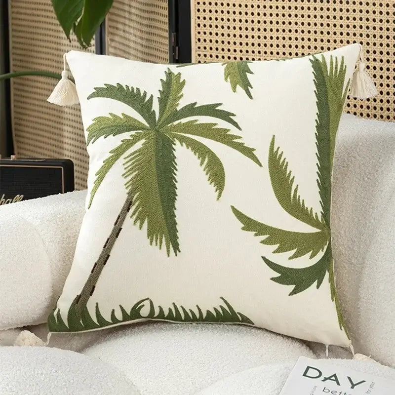 Tropical olive & cream embroidered patchwork cushion cover living room