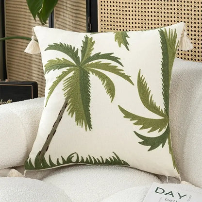 Tropical olive & cream embroidered patchwork cushion cover living room