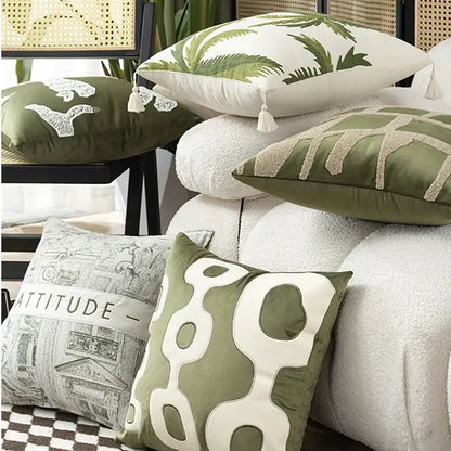 Tropical olive & cream embroidered patchwork cushion cover living room