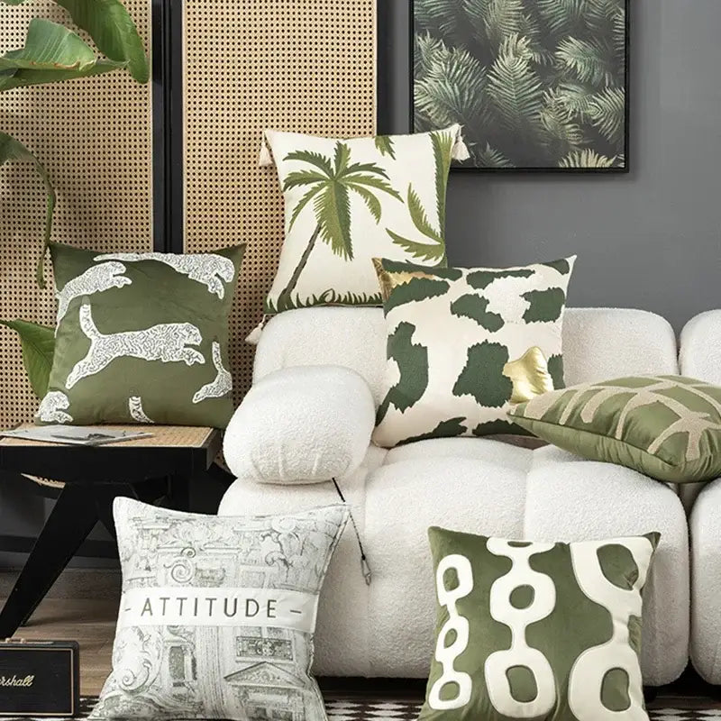 Tropical olive & cream embroidered patchwork cushion cover living room