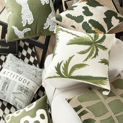 Tropical olive & cream embroidered patchwork cushion cover living room