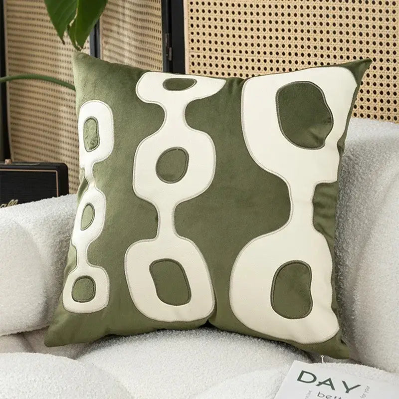 Tropical olive & cream embroidered patchwork cushion cover living room